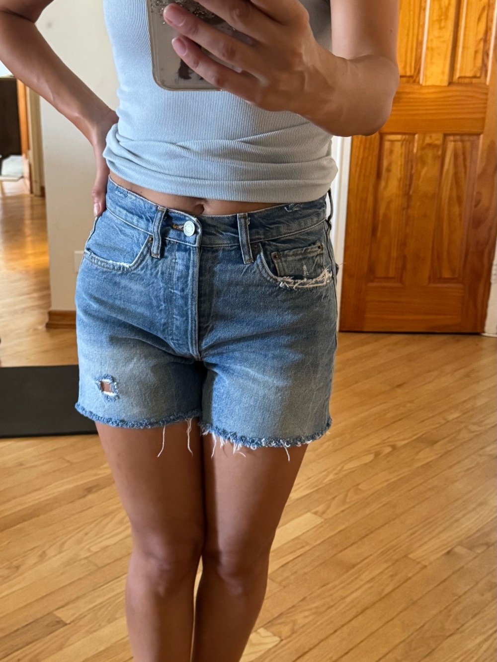 Zara Light Blue Distressed High-Rise Denim Shorts